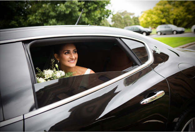 bride inside the Maserati Limo